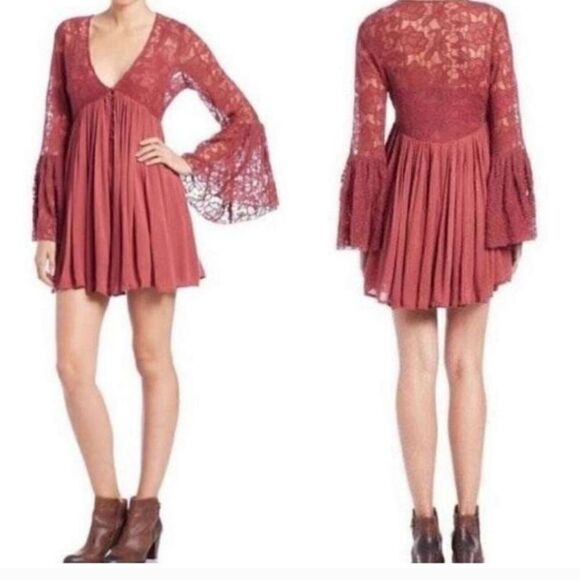 Free People With Love From India Lace Mini Boho Bell Sleeve Dress M Dusty Rose - Picture 2 of 11